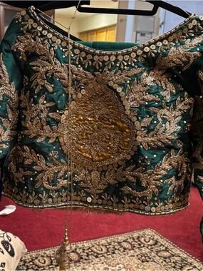 Embroidered Green & Gold Women's Jacket . Lengha and top